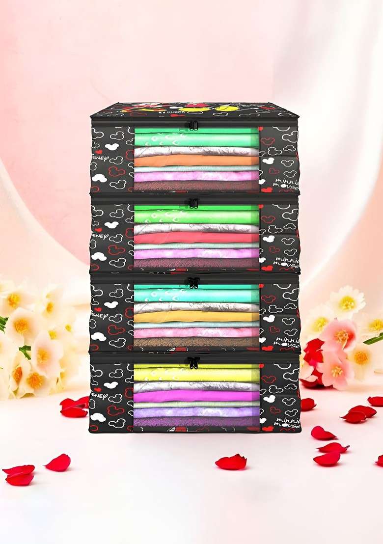 Black Set Of 4 Non Woven Saree Cover 9 Inch Clothes Bag Organisers - Indya