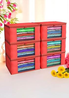 Red Set Of 6 Non Woven Saree Cover 9 Inch Clothes Bag
