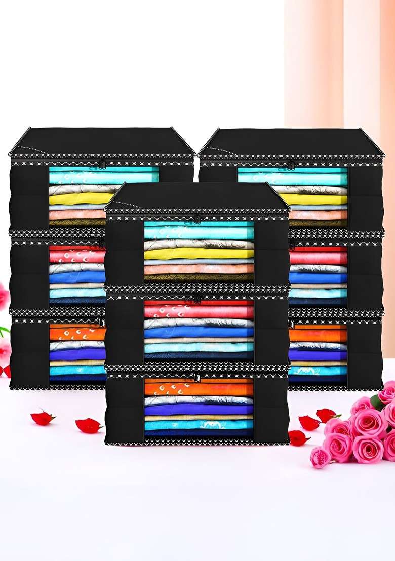 Black Set Of 9 Non Woven Saree Cover 9 Inch Clothes Bag - Indya