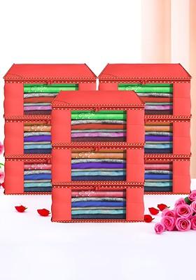 Red Set Of 9 Non Woven Saree Cover 9 Inch Clothes Bag