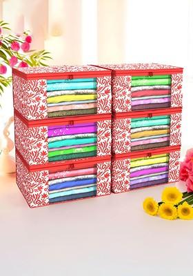 Red Set Of 6 Non Woven Saree Cover 9 Inch Clothes Bag