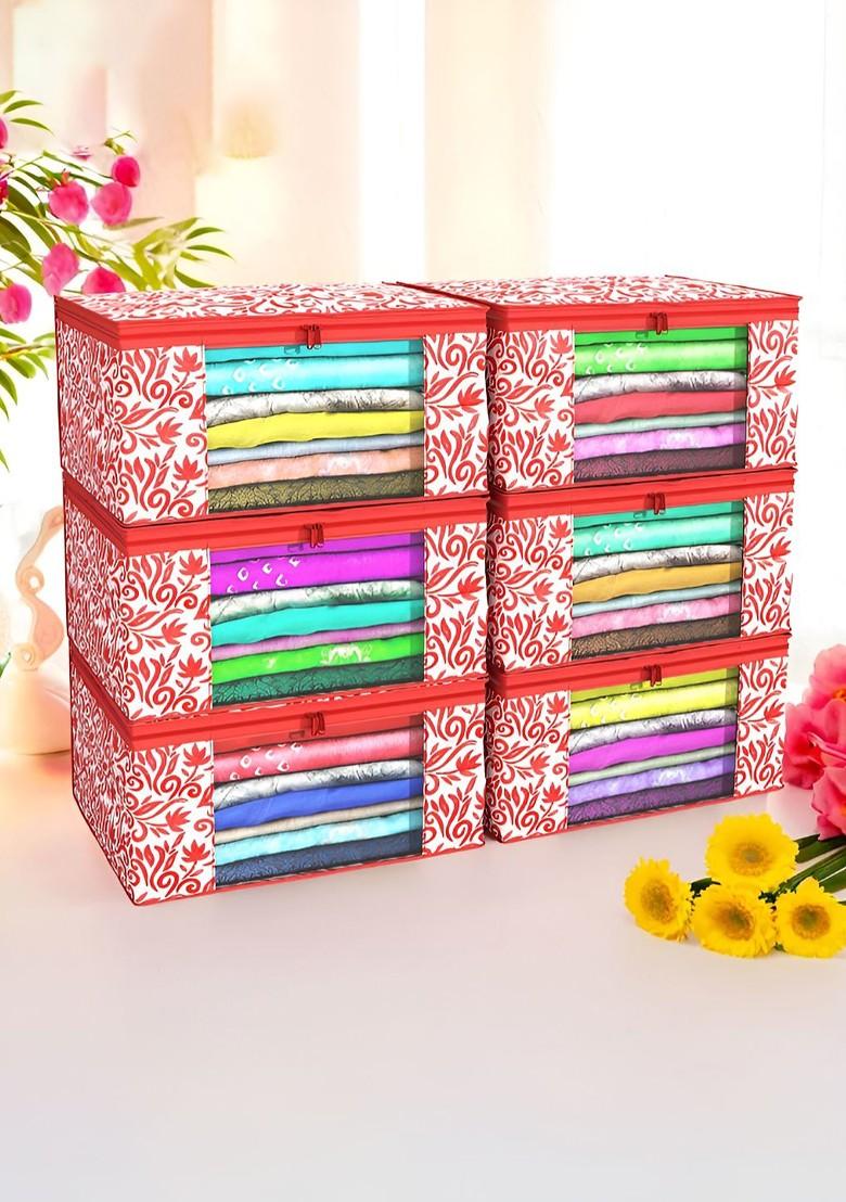 Red Set Of 6 Non Woven Saree Cover 9 Inch Clothes Bag
