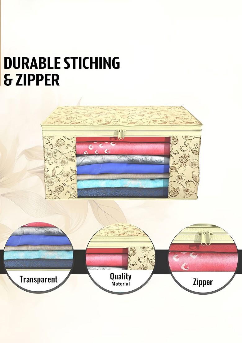 Cream Coloured And Brown 9 Pieces Non Woven Saree Cover 9 Inch Clothes Bag