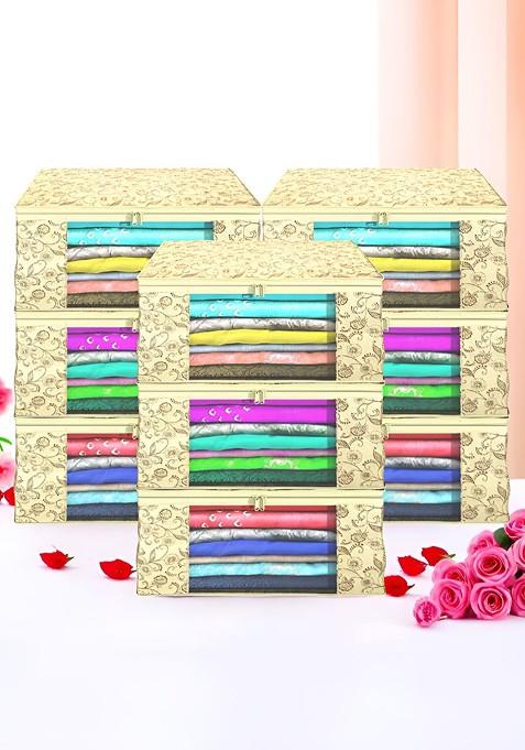 Cream Coloured And Brown 9 Pieces Non Woven Saree Cover 9 Inch Clothes Bag