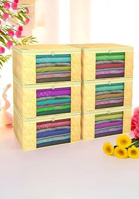 Yellow And Gold Toned 6 Pieces Non Woven Saree Cover 9 Inch Clothes Bag