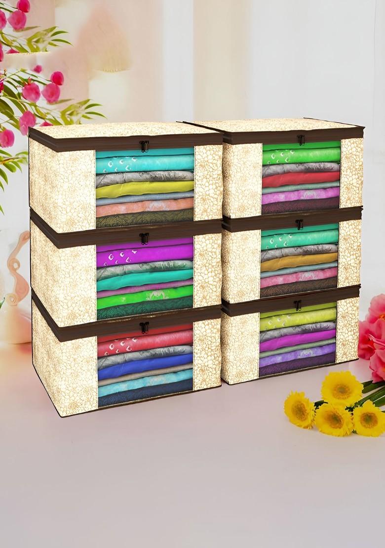 Brown And Cream Coloured 6 Pieces Non Woven Saree Cover 9 Inch Clothes Bag