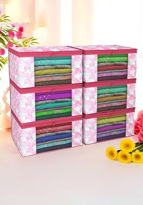 Pink And White 6 Pieces Non Woven Saree Cover 9 Inch Clothes Bag