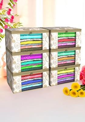 White And Gold Toned 6 Pieces Non Woven Saree Cover 9 Inch Clothes Bag