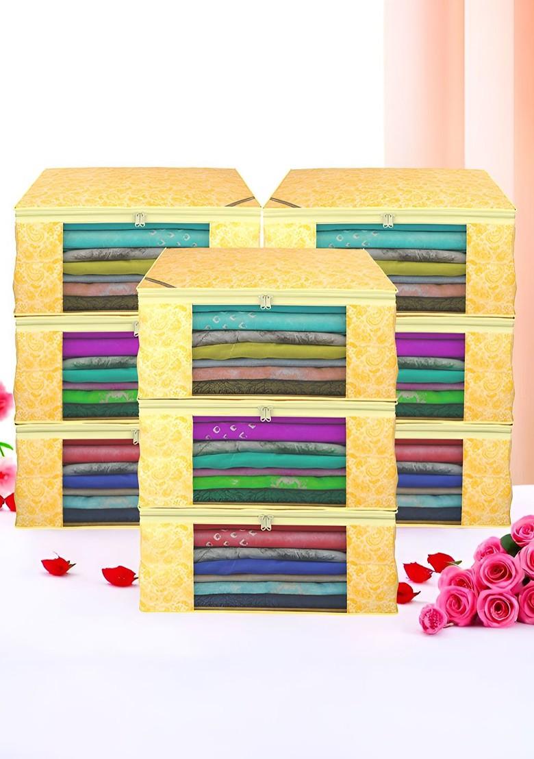 Yellow And Gold Toned 9 Pieces Non Woven Saree Cover 9 Inch Clothes Bag