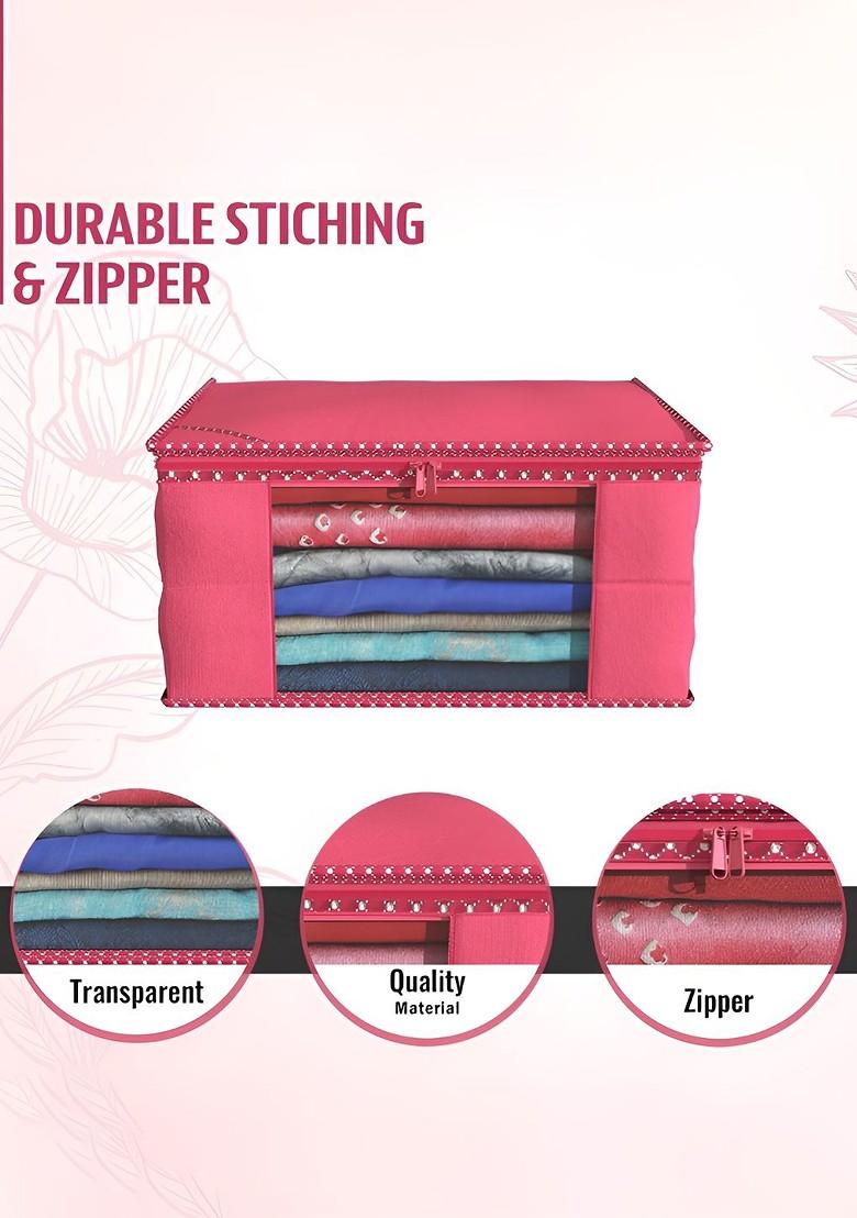 Pink Set Of 4 Non Woven Saree Cover 9 Inch Clothes Bag Organisers
