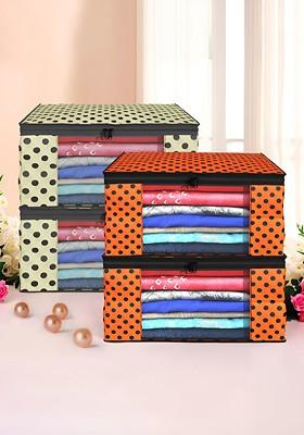 Cream Coloured And Orange Colored 4 Pieces Printed Foldable Saree Cover Organisers