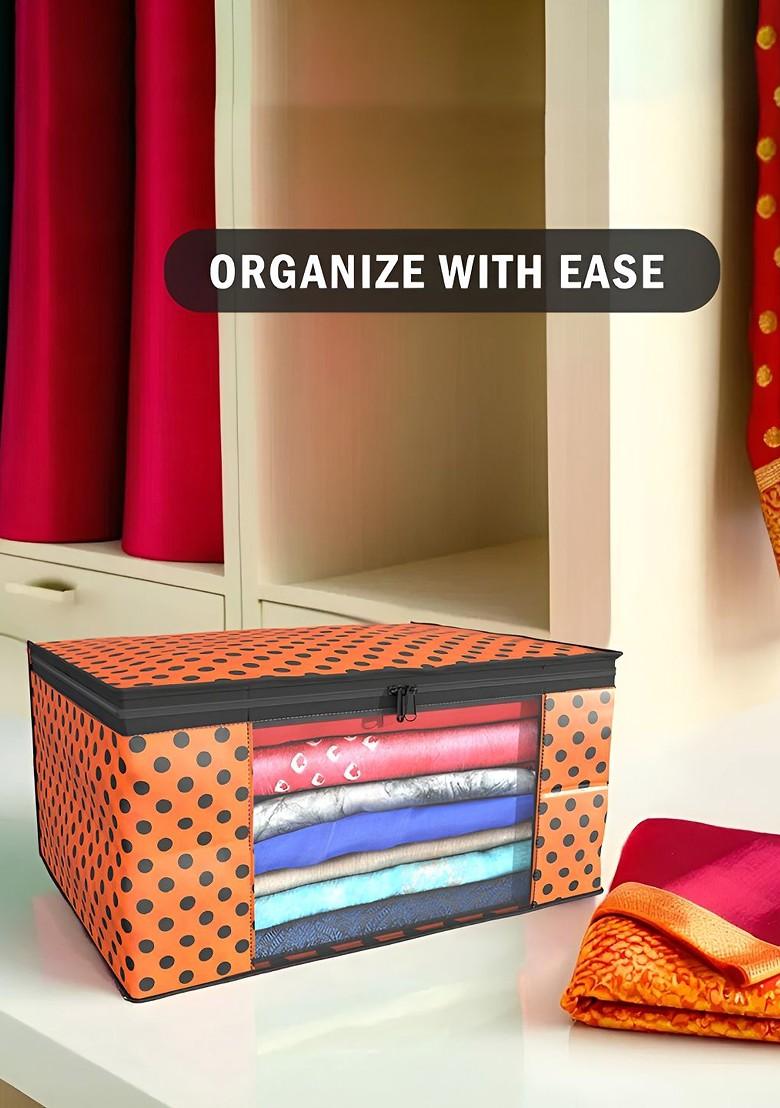 Cream Coloured And Orange Colored 4 Pieces Printed Foldable Saree Cover Organisers