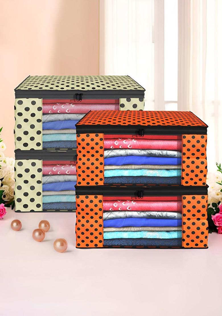 Cream Coloured And Orange Colored 4 Pieces Printed Foldable Saree Cover Organisers
