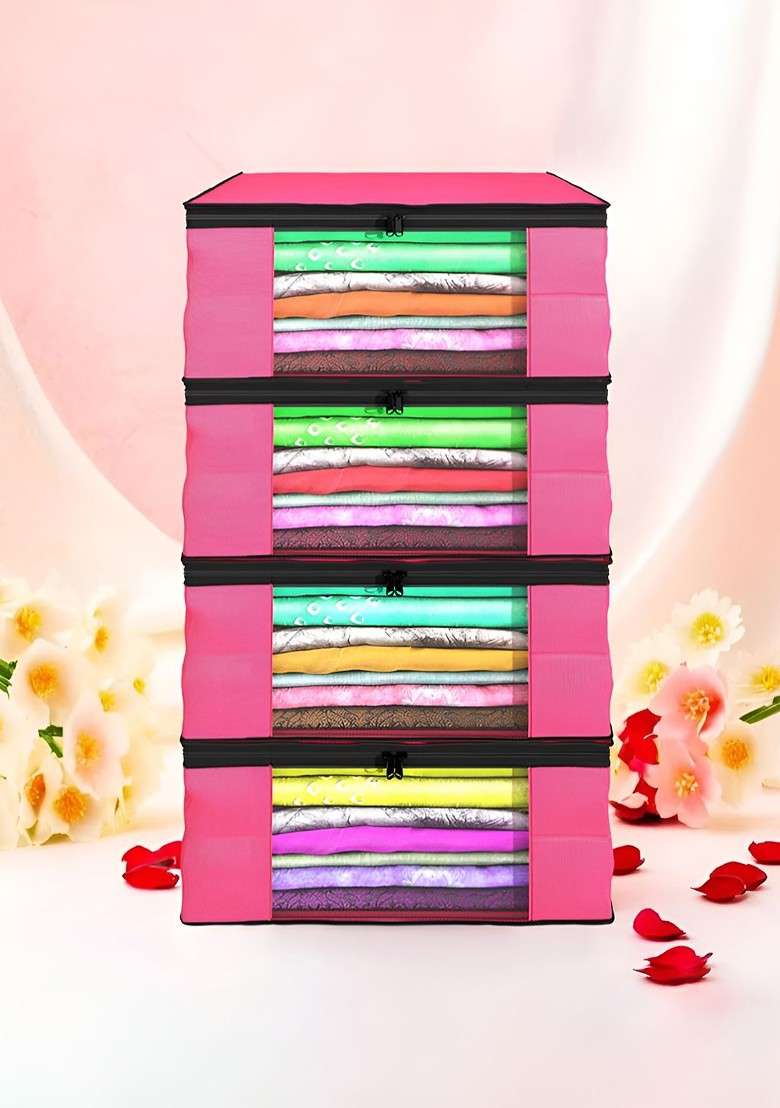 Pink Set Of 4 Non Woven Saree Cover 9 Inch Clothes Bag Organisers - Indya