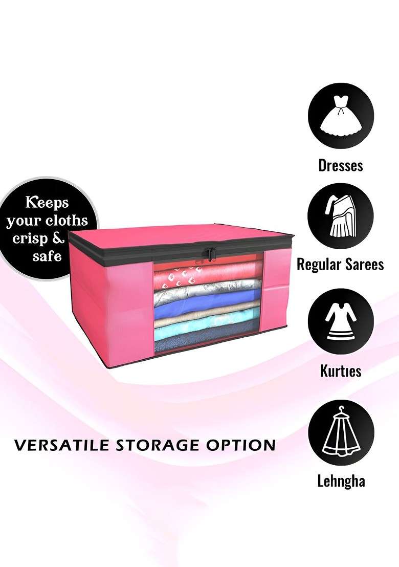 Pink Set Of 4 Non Woven Saree Cover 9 Inch Clothes Bag Organisers - Indya