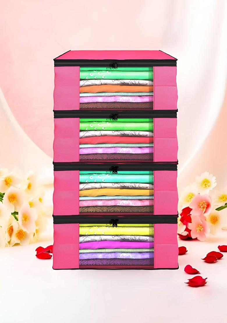 Pink Set Of 4 Non Woven Saree Cover 9 Inch Clothes Bag Organisers