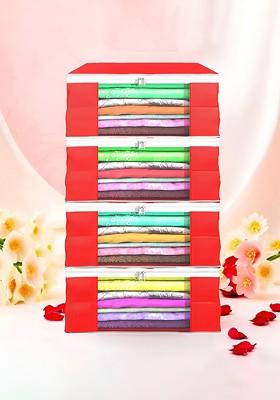 Red Set Of 4 Non Woven Saree Cover 9 Inch Clothes Bag Organisers