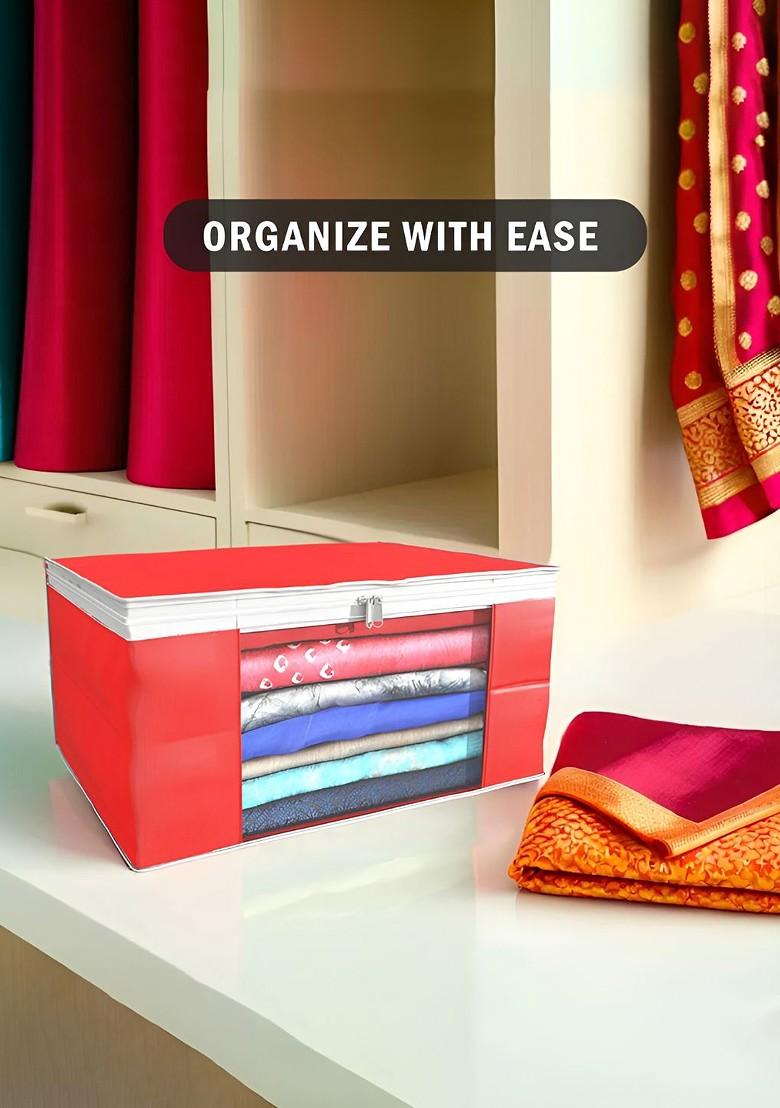 Red Set Of 4 Non Woven Saree Cover 9 Inch Clothes Bag Organisers