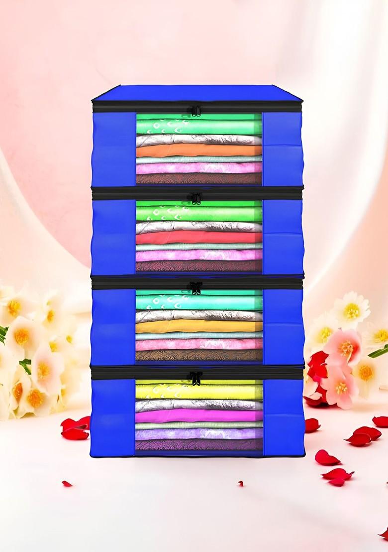 Blue Set Of 4 Non Woven Saree Cover 9 Inch Clothes Bag Organisers