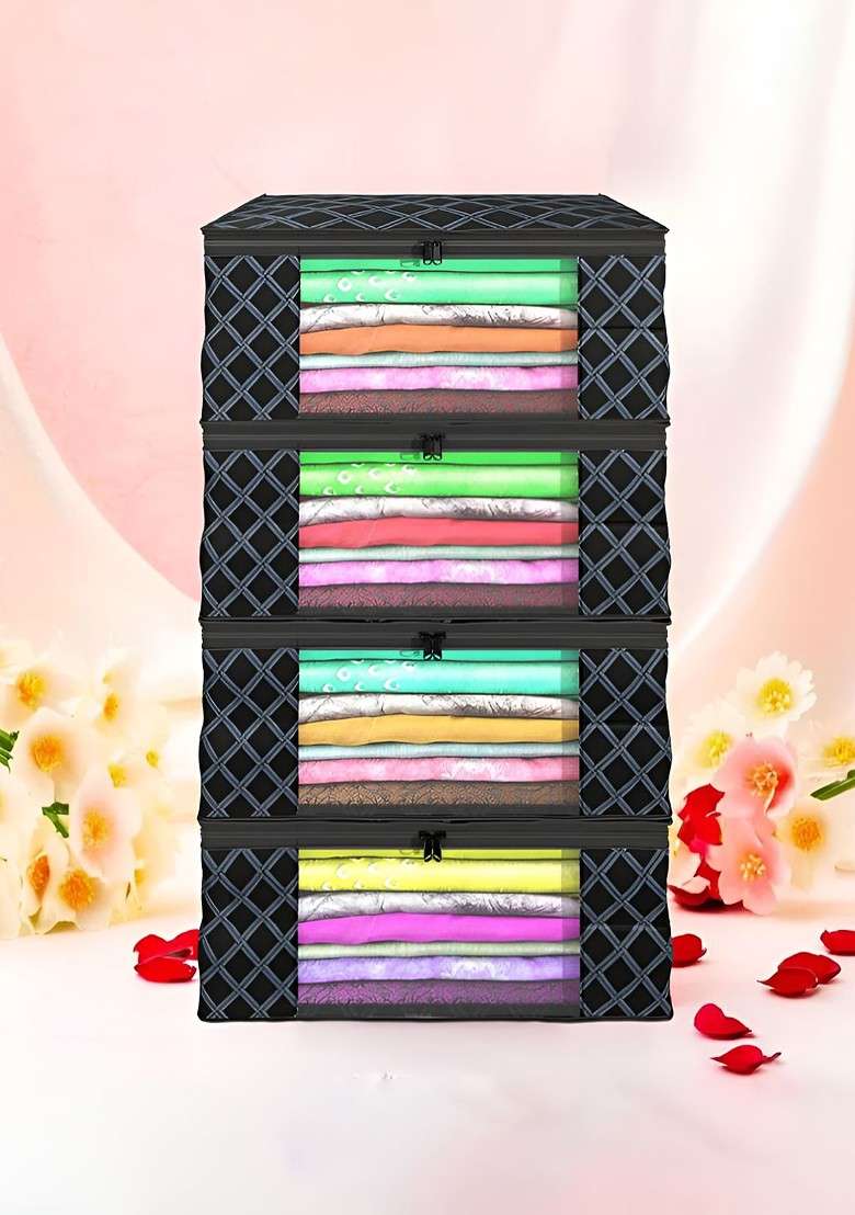 Black Set Of 4 Non Woven Saree Cover 9 Inch Clothes Bag Organisers - Indya