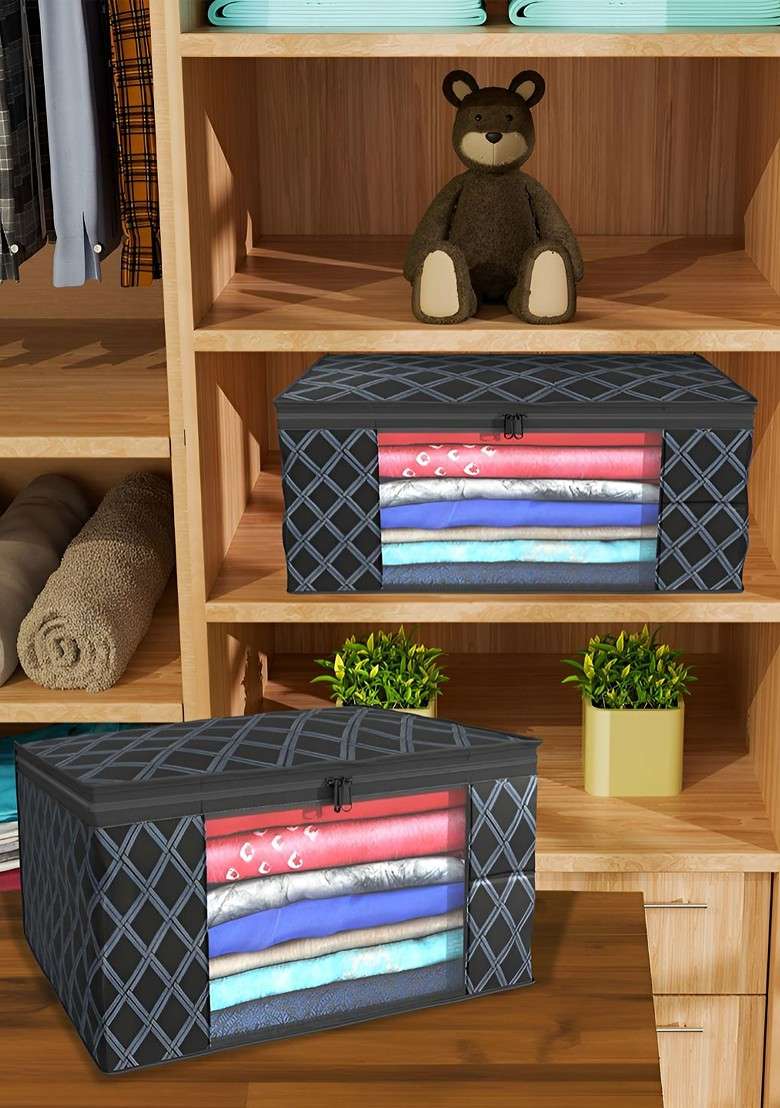 Black Set Of 4 Non Woven Saree Cover 9 Inch Clothes Bag Organisers - Indya