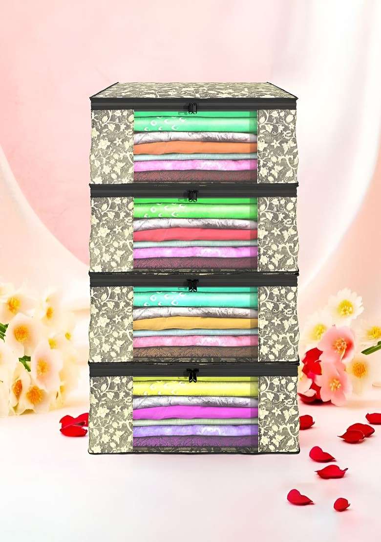 Black Set Of 4 Non Woven Saree Cover 9 Inch Clothes Bag Organisers - Indya