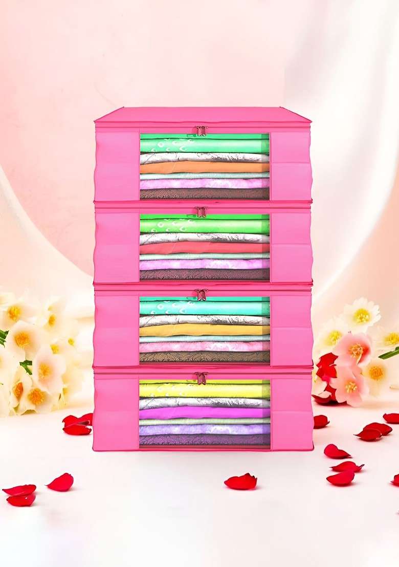 Pink Set Of 4 Non Woven Saree Cover 9 Inch Clothes Bag Organisers - Indya