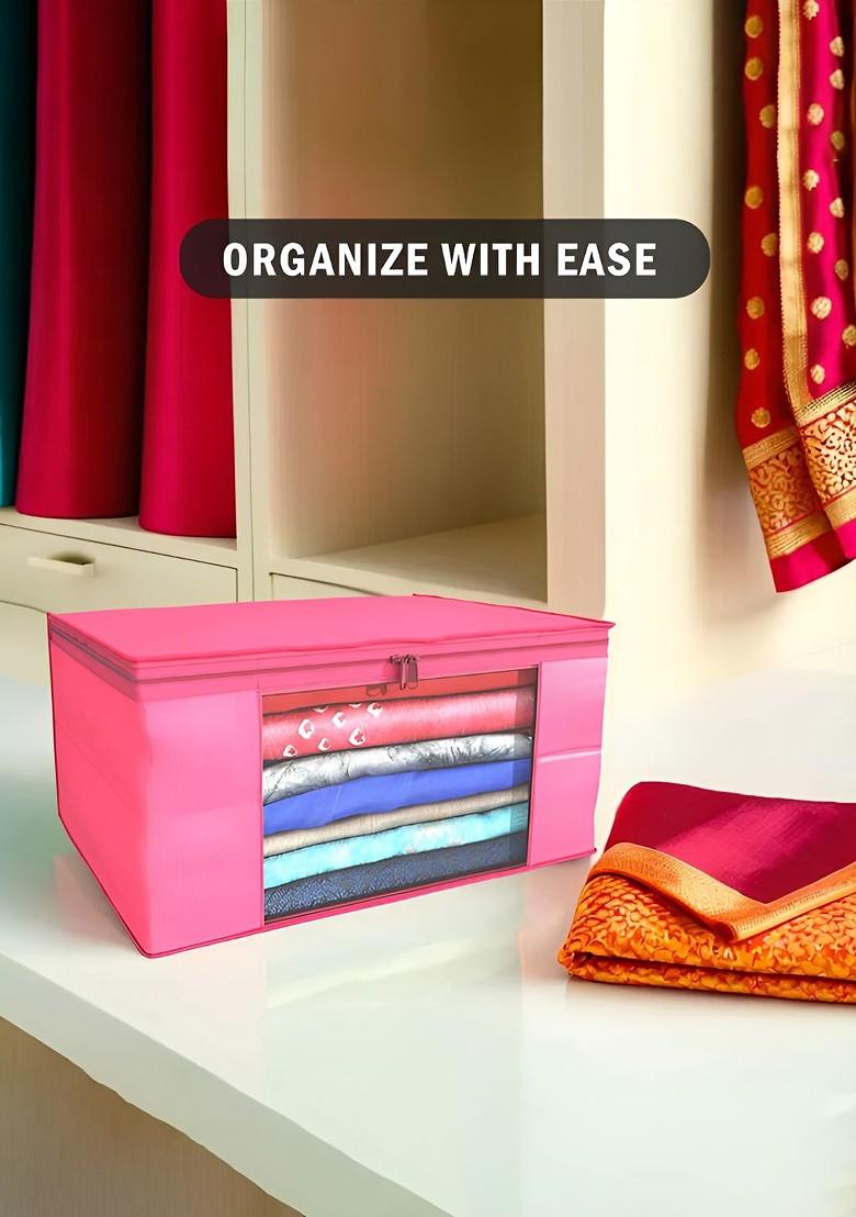 Pink Set Of 4 Non Woven Saree Cover 9 Inch Clothes Bag Organisers