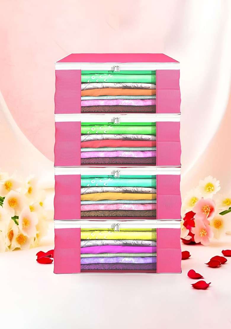 Pink Set Of 4 Non Woven Saree Cover 9 Inch Clothes Bag Organisers - Indya