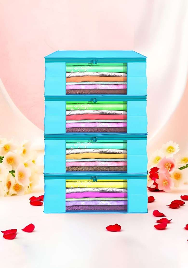 Blue Set Of 4 Non Woven Saree Cover 9 Inch Clothes Bag Organisers - Indya