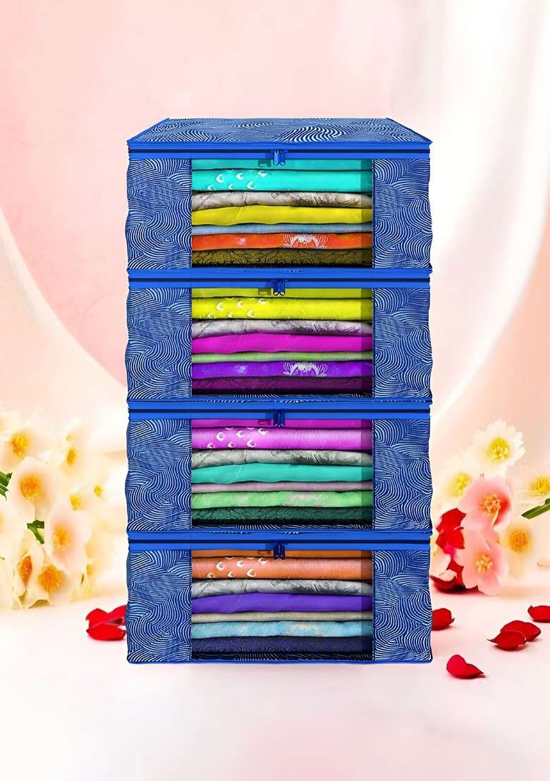 Blue Set Of 4 Non Woven Saree Cover 9 Inch Clothes Bag Organisers - Indya