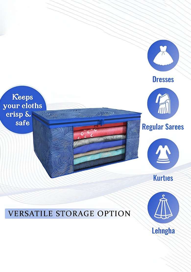 Blue Set Of 4 Non Woven Saree Cover 9 Inch Clothes Bag Organisers - Indya