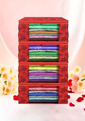 Red Set Of 4 Non Woven Saree Cover 9 Inch Clothes Bag Organisers