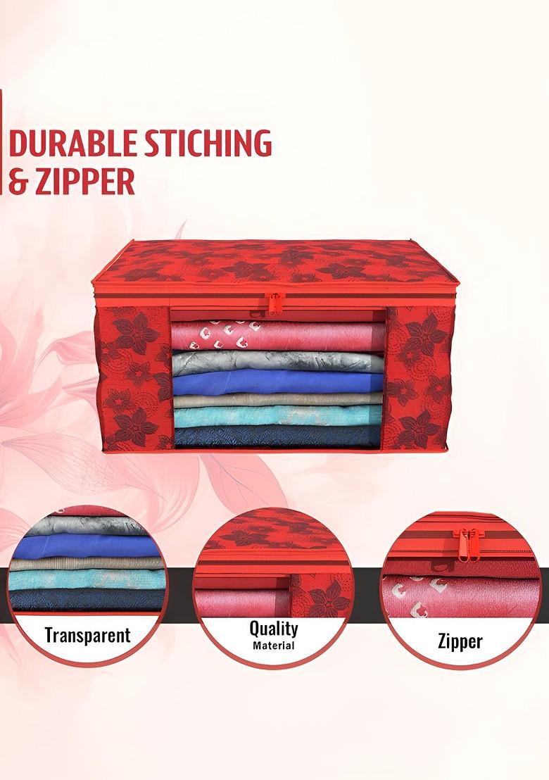 Red Set Of 4 Non Woven Saree Cover 9 Inch Clothes Bag Organisers