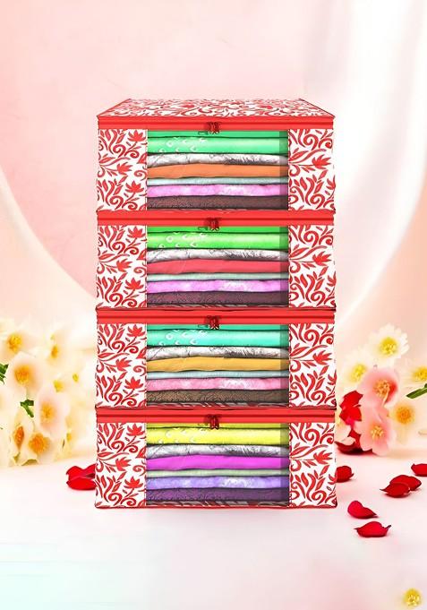 Red Set Of 4 Non Woven Saree Cover 9 Inch Clothes Bag Organisers