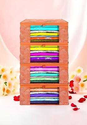 Orange Set Of 4 Non Woven Saree Cover 9 Inch Clothes Bag Organisers