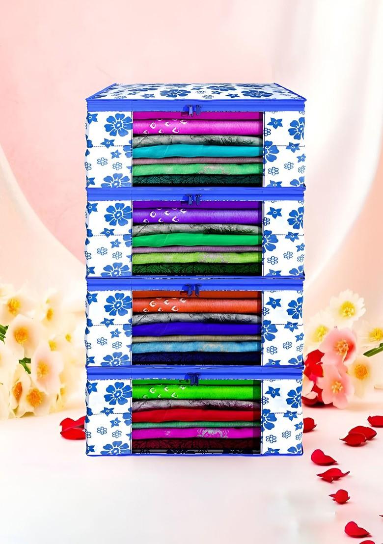 Blue Set Of 4 Non Woven Saree Cover 9 Inch Clothes Bag Organisers