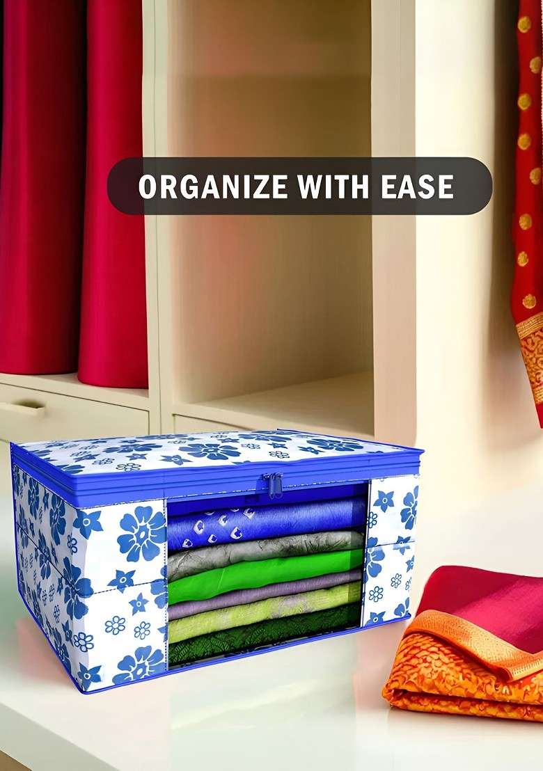 Blue Set Of 4 Non Woven Saree Cover 9 Inch Clothes Bag Organisers - Indya