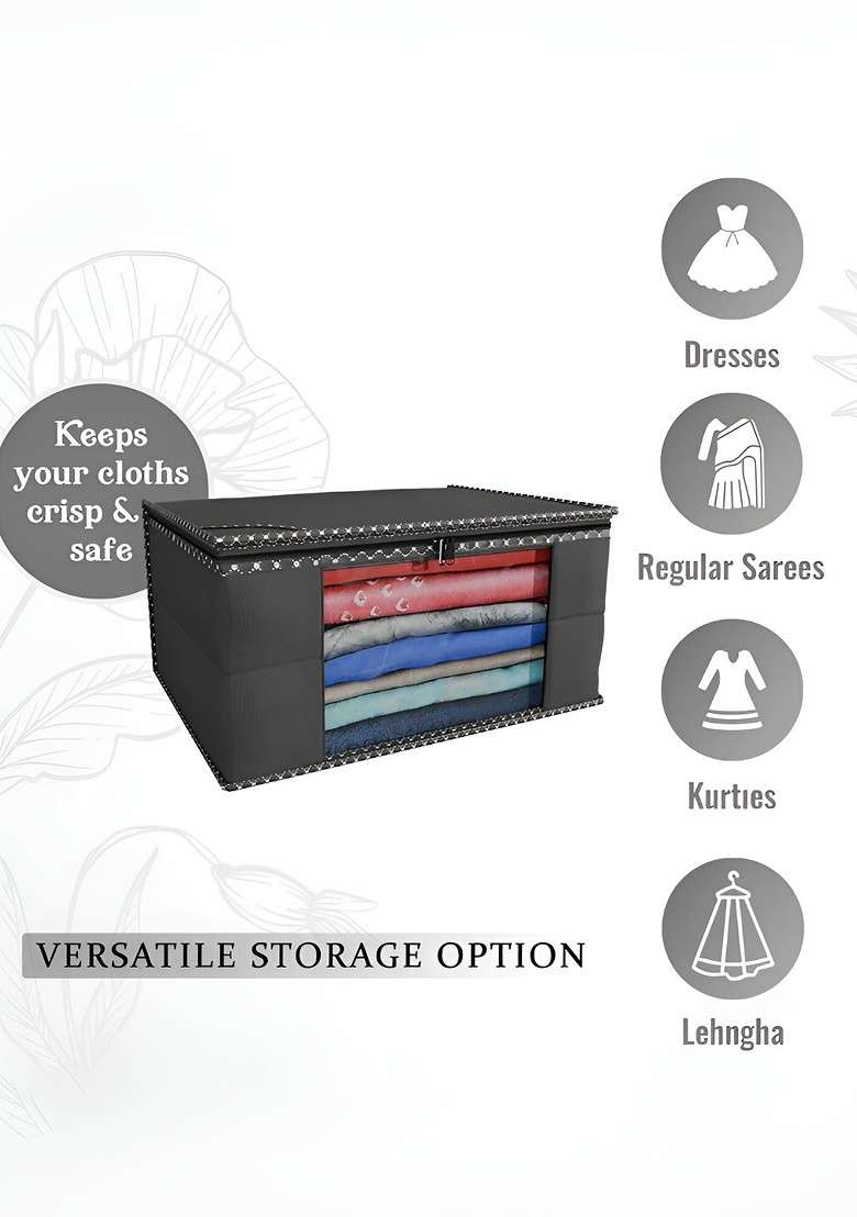 Black Set Of 4 Non Woven Saree Cover 9 Inch Clothes Bag Organisers - Indya