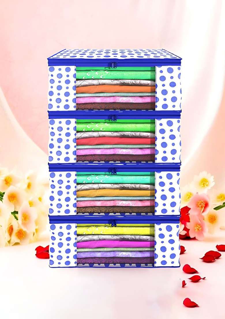 Blue Set Of 4 Non Woven Saree Cover 9 Inch Clothes Bag Organisers - Indya