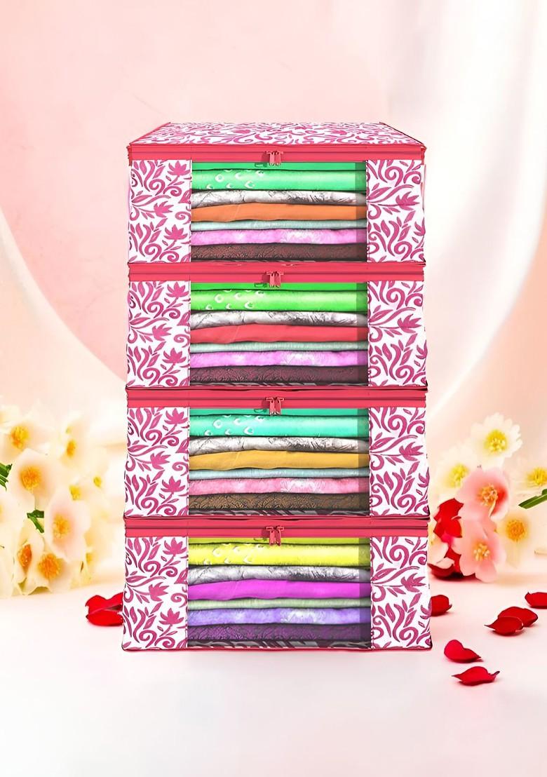 Pink Set Of 4 Non Woven Saree Cover 9 Inch Clothes Bag Organisers