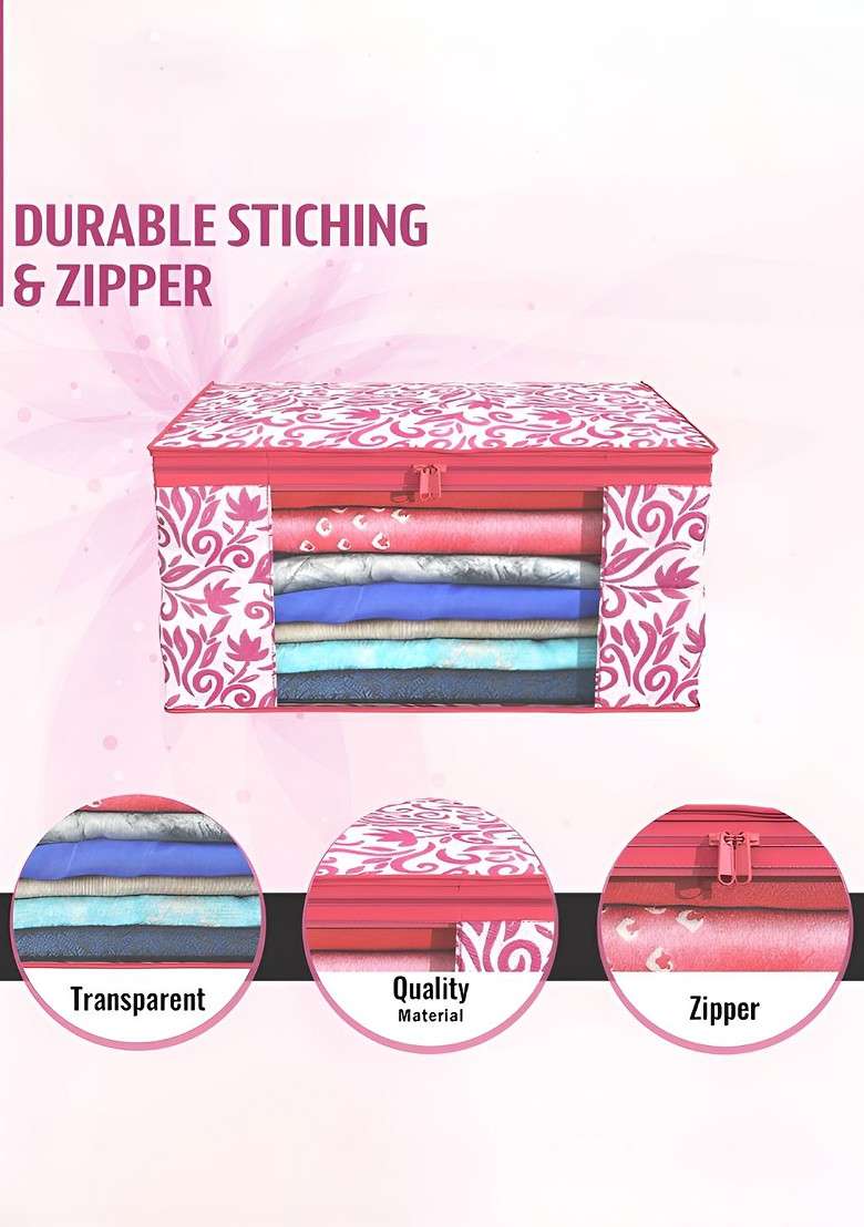 Pink Set Of 4 Non Woven Saree Cover 9 Inch Clothes Bag Organisers - Indya