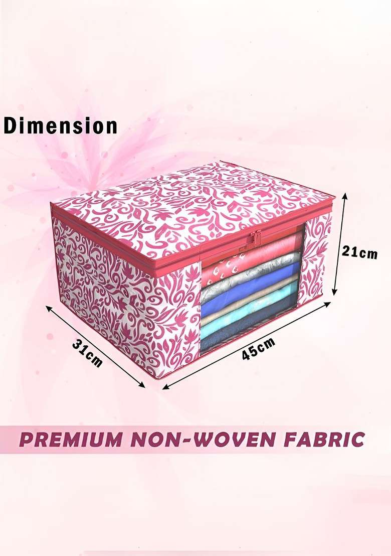 Pink Set Of 4 Non Woven Saree Cover 9 Inch Clothes Bag Organisers - Indya