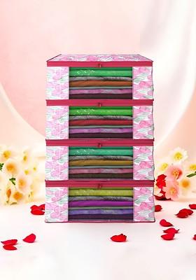 Pink And Green 4 Pieces Non Woven Saree Cover 9 Inch Clothes Bag