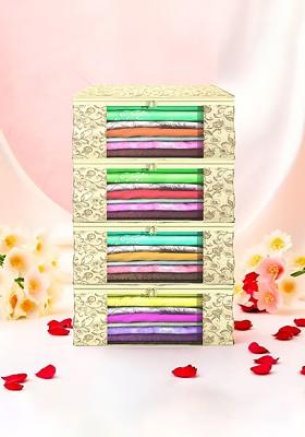 Cream Coloured And Brown 4 Pieces Non Woven Saree Cover 9 Inch Clothes Bag