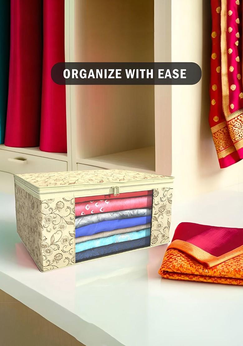 Cream Coloured And Brown 4 Pieces Non Woven Saree Cover 9 Inch Clothes Bag