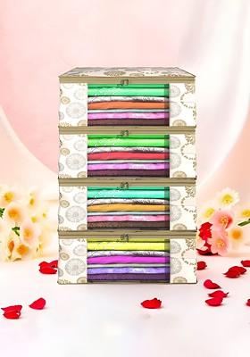 White And Gold Toned 4 Pieces Non Woven Saree Cover 9 Inch Clothes Bag