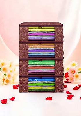 Maroon And Gold Toned 4 Pieces Non Woven Saree Cover 9 Inch Clothes Bag
