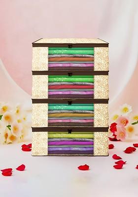 Brown And White 4 Pieces Non Woven Saree Cover 9 Inch Clothes Bag