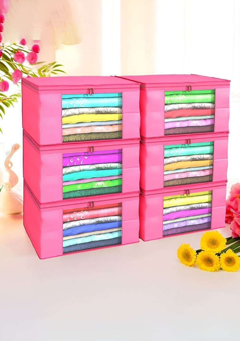 Pink Set Of 6 Non Woven Saree Cover 9 Inch Clothes Bag - Indya